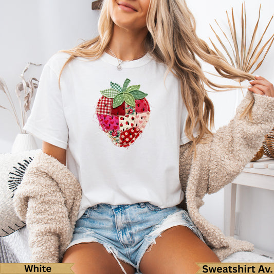 White t-shirt with a fabric strawberry graphic and "Sweatshirt Av." text.