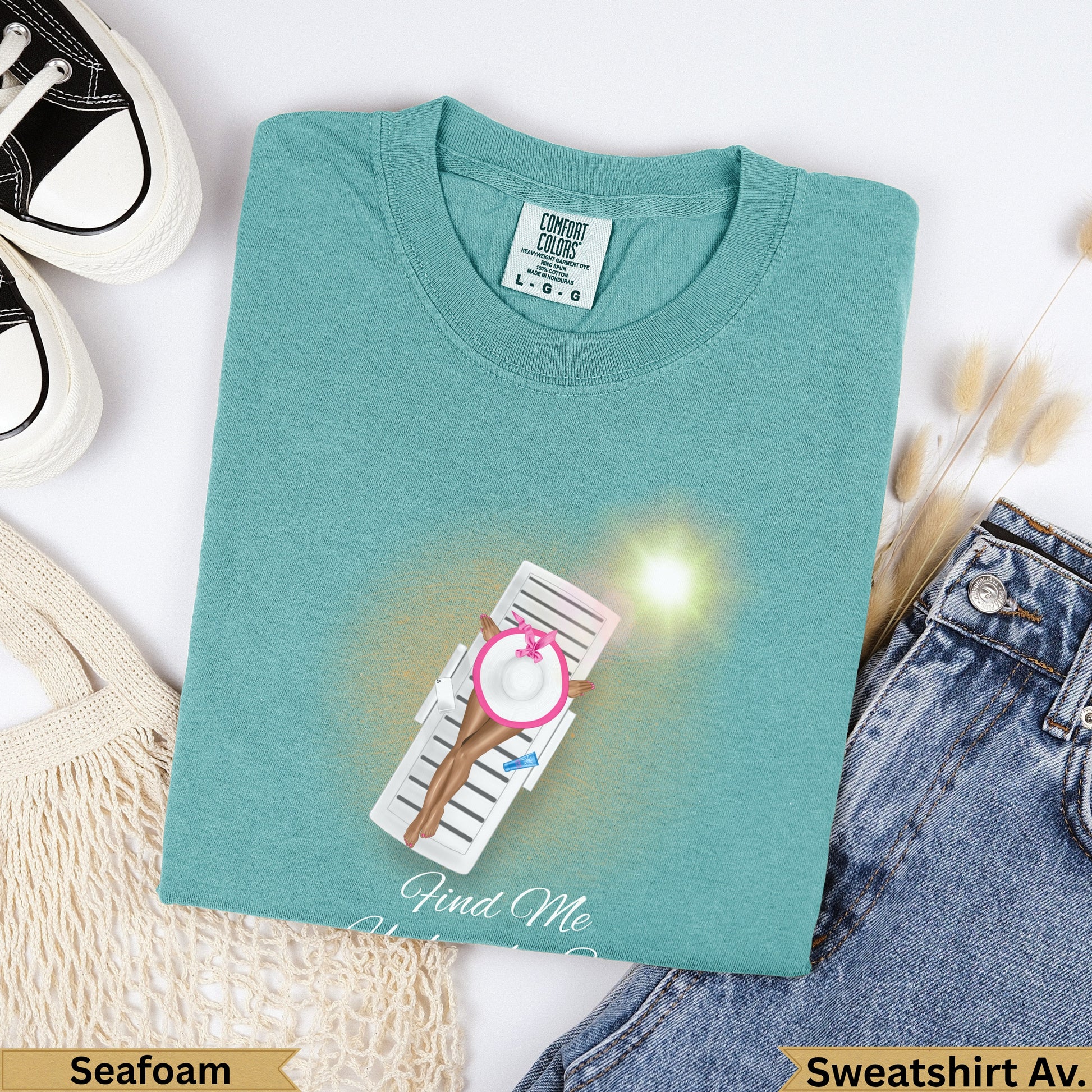 Seafoam green Comfort Colors sweatshirt with "Find Me" graphic and beach chair.