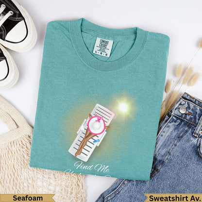 Seafoam green Comfort Colors sweatshirt with "Find Me" graphic and beach chair.