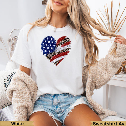White t-shirt with distressed US flag and leopard print heart graphic.