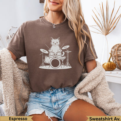 Espresso brown crewneck sweatshirt with a white graphic of a cat playing drums.