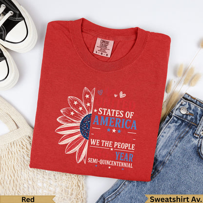 Red t-shirt with "States of America, We the People" text and sunflower design.