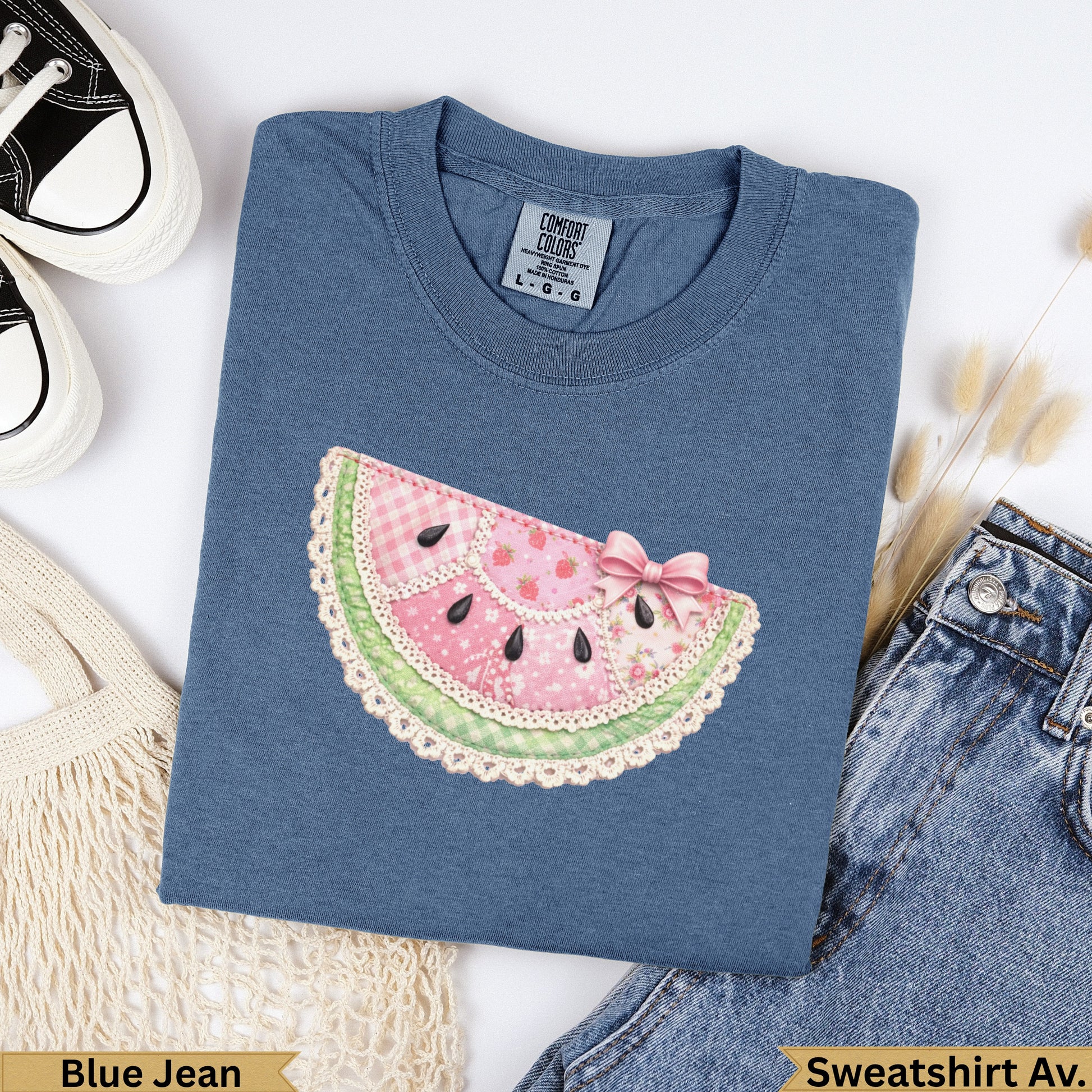 Blue Jean comfort colors sweatshirt with a watermelon slice graphic.