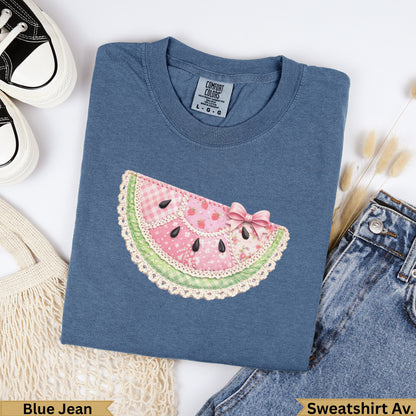 Blue Jean comfort colors sweatshirt with a watermelon slice graphic.