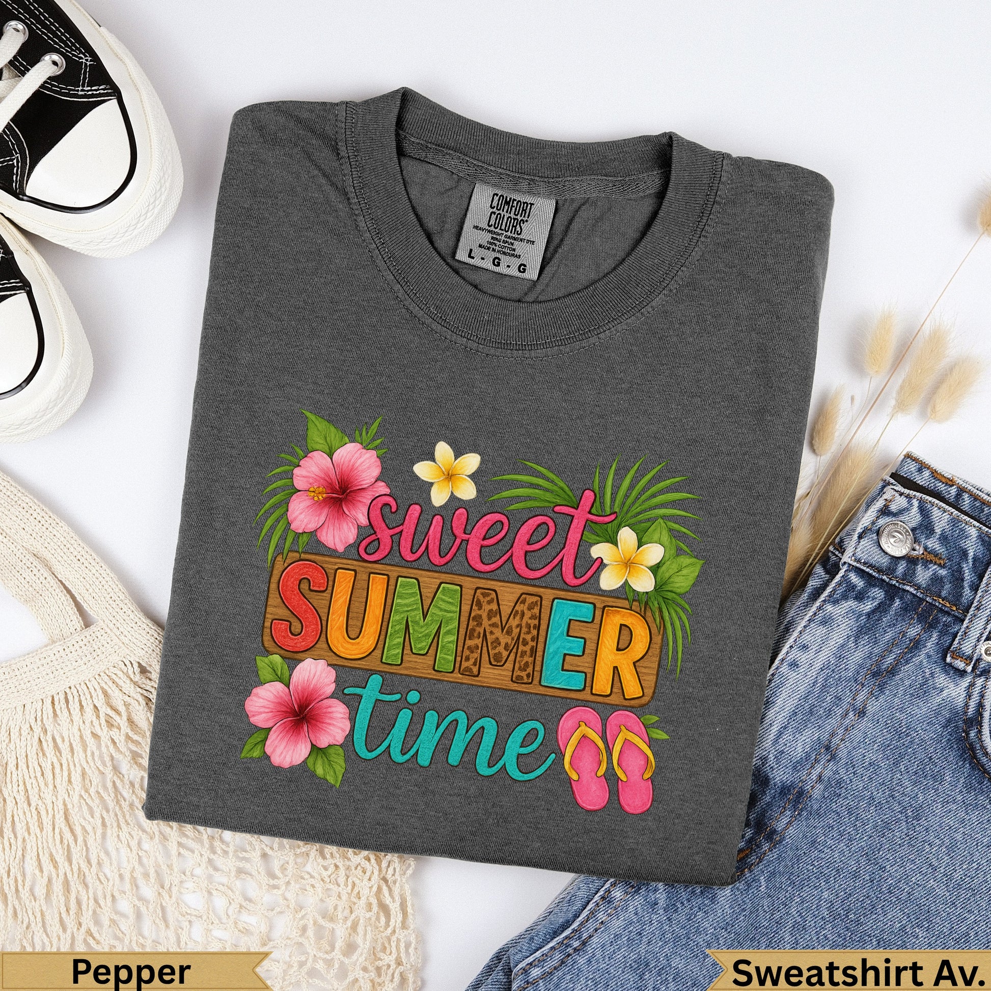 Dark gray t-shirt with "sweet SUMMER time" graphic, hibiscus flowers, and flip-flops.