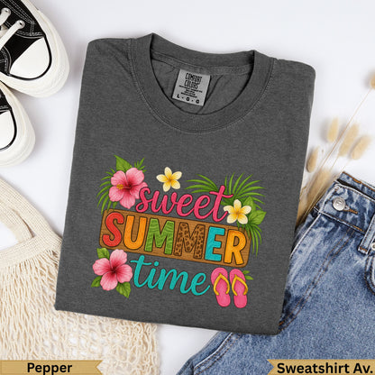 Dark gray t-shirt with "sweet SUMMER time" graphic, hibiscus flowers, and flip-flops.
