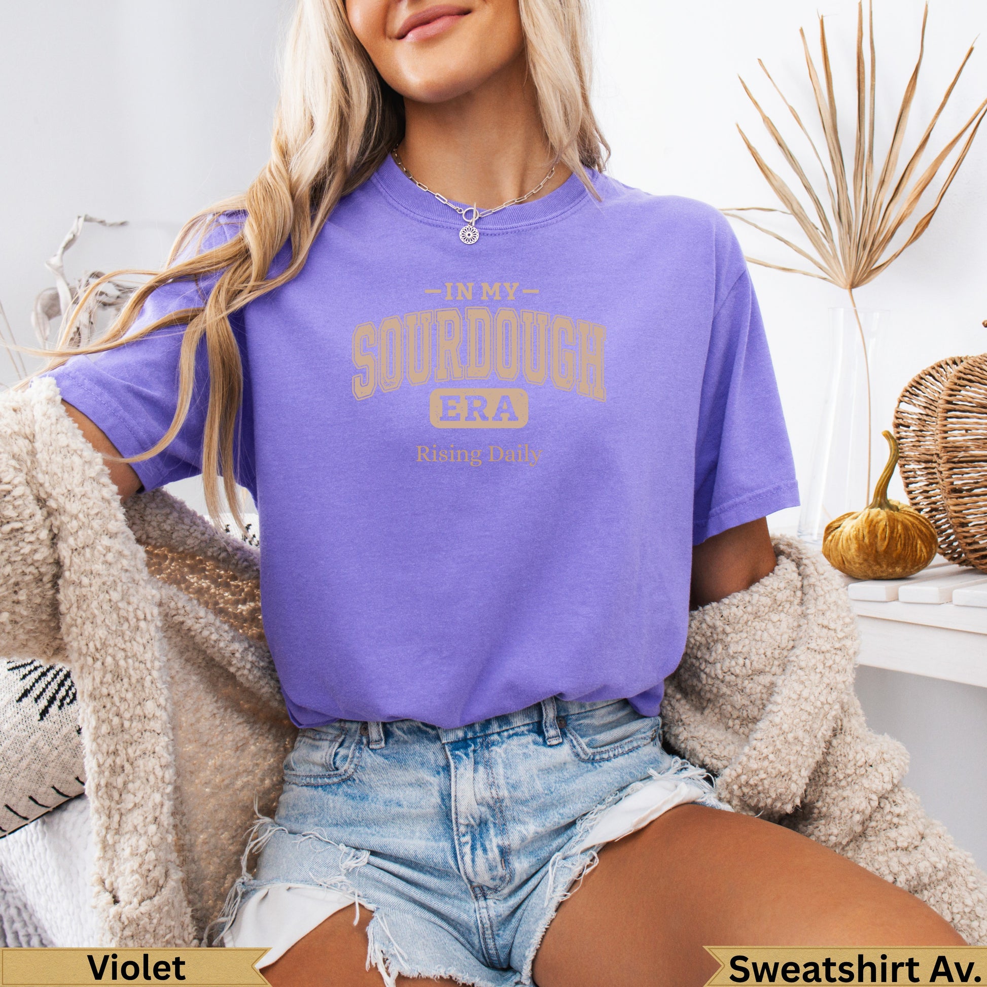 Purple t-shirt with "IN MY SOURDOUGH ERA" text.