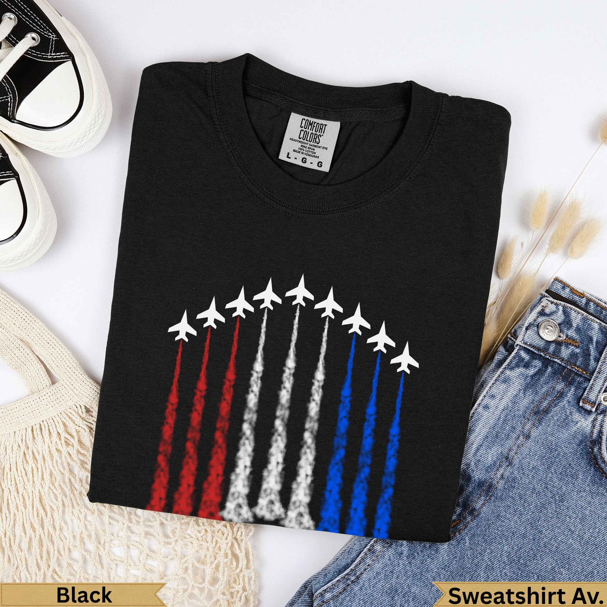 Black t-shirt with white jets flying in formation with red and blue smoke trails.