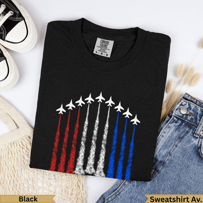 Black t-shirt with white jets flying in formation with red and blue smoke trails.