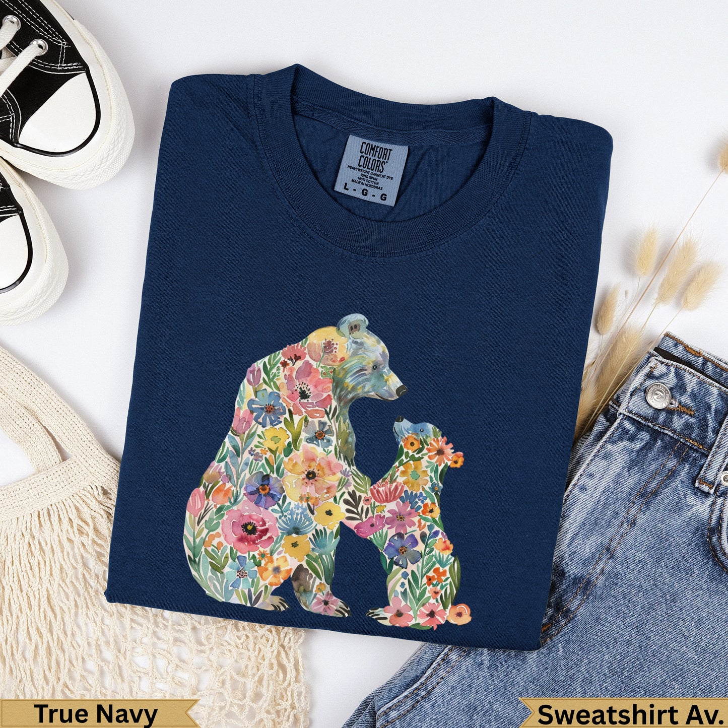 Navy Comfort Colors sweatshirt with watercolor bear and cub floral design.