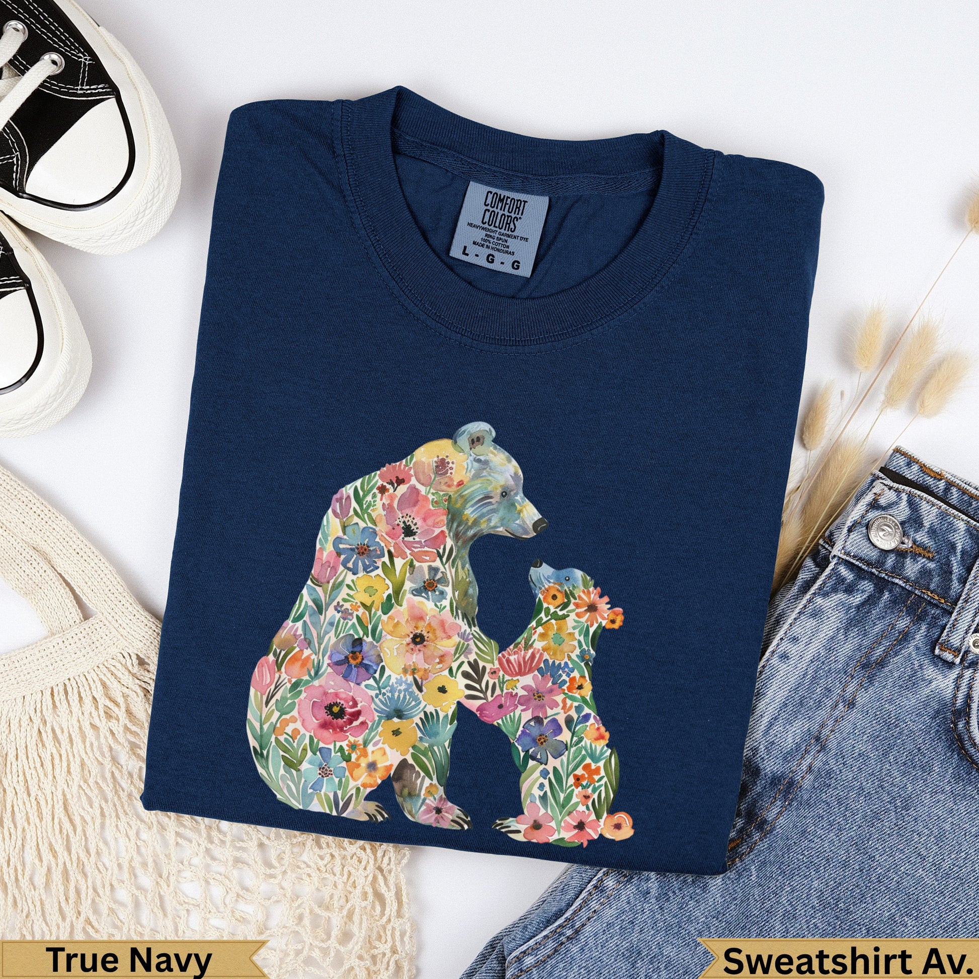 Navy Comfort Colors sweatshirt with watercolor bear and cub floral design.