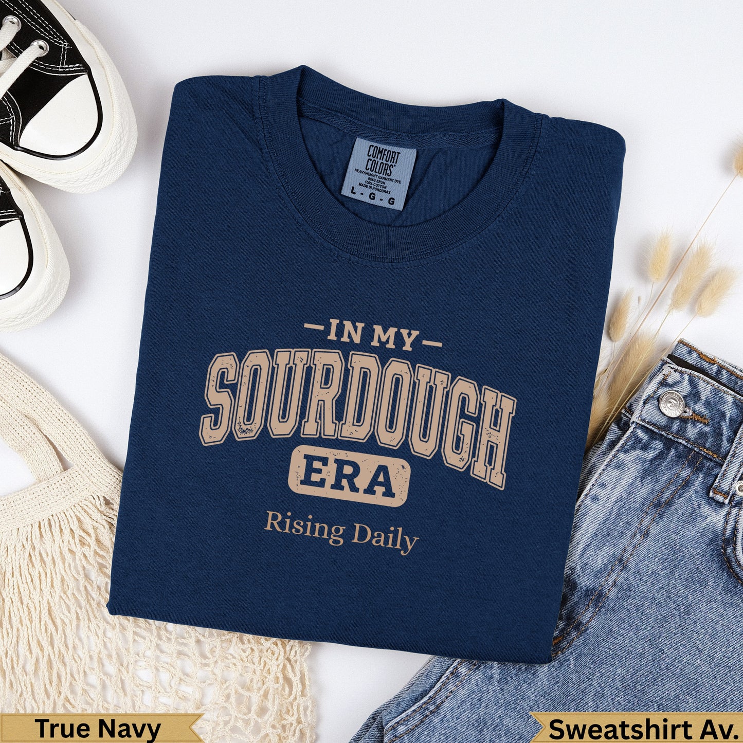 Navy blue Comfort Colors t-shirt with "In My Sourdough Era" text.