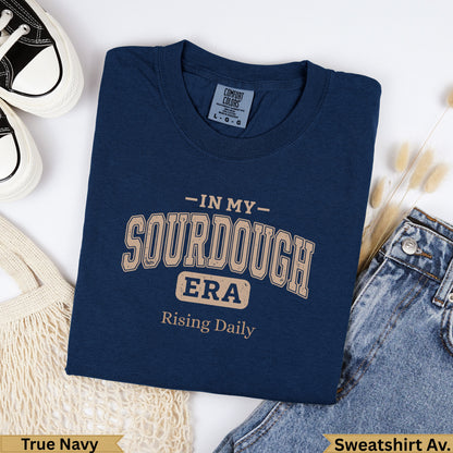 Navy blue Comfort Colors t-shirt with "In My Sourdough Era" text.