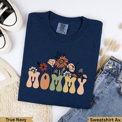 Navy sweatshirt with "MOMMY" in floral lettering.
