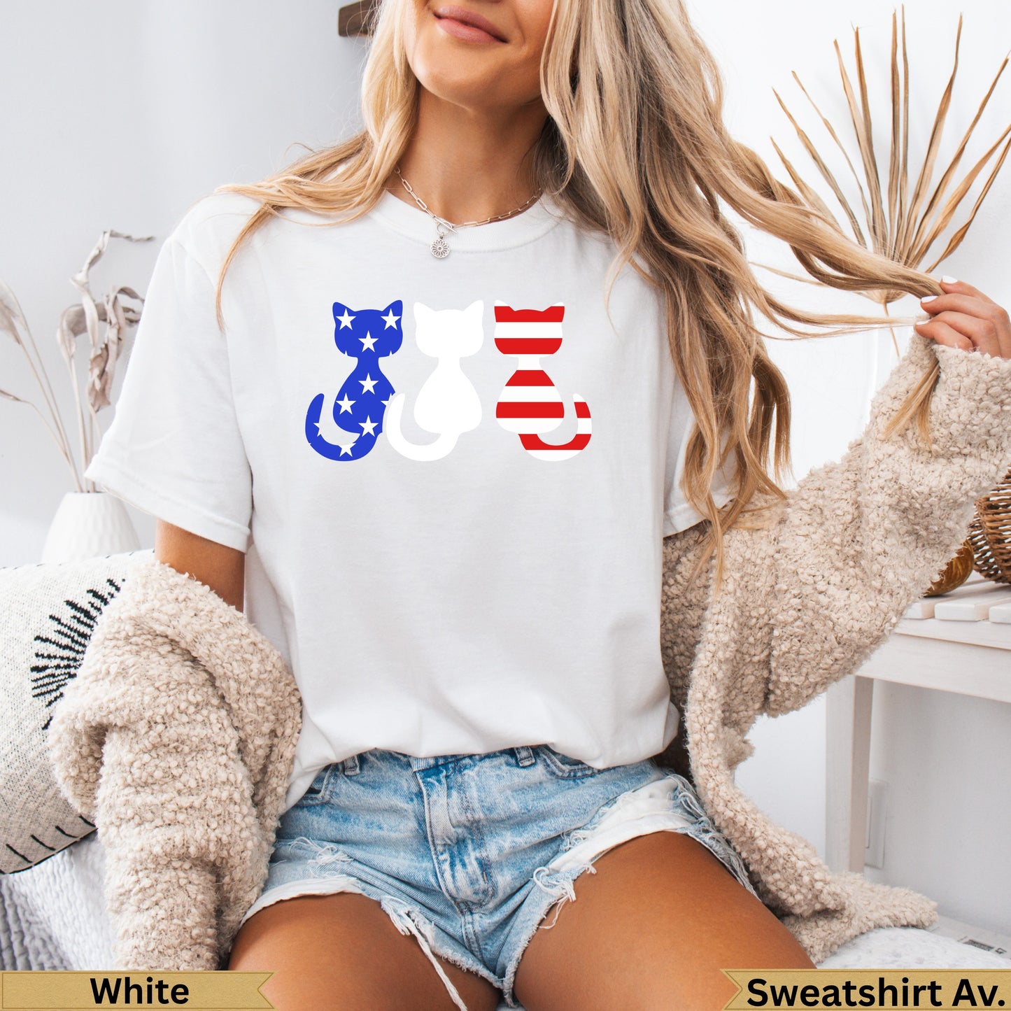 Three cats in American flag pattern on a white t-shirt.