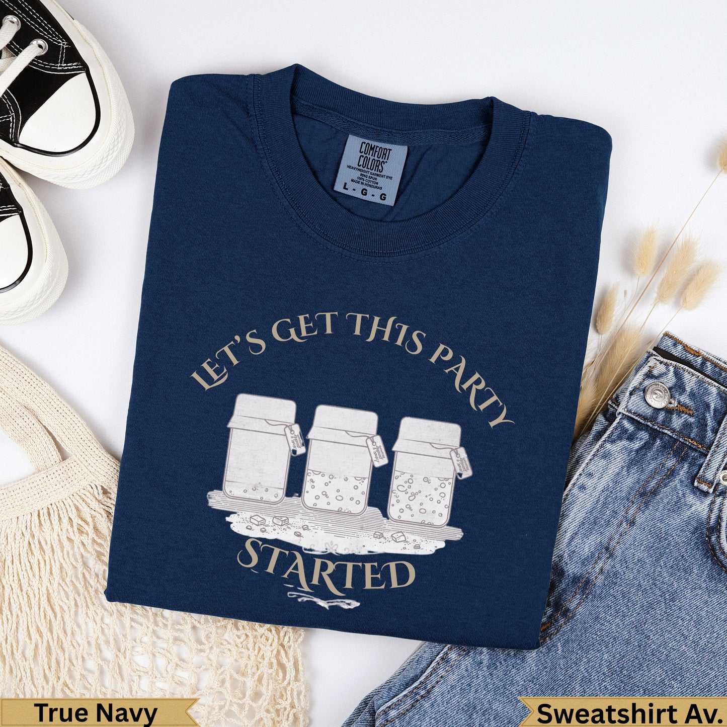 Navy t-shirt with "Let's Get This Party Started" text and jar graphic.