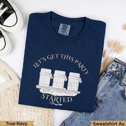 Navy t-shirt with "Let's Get This Party Started" text and jar graphic.