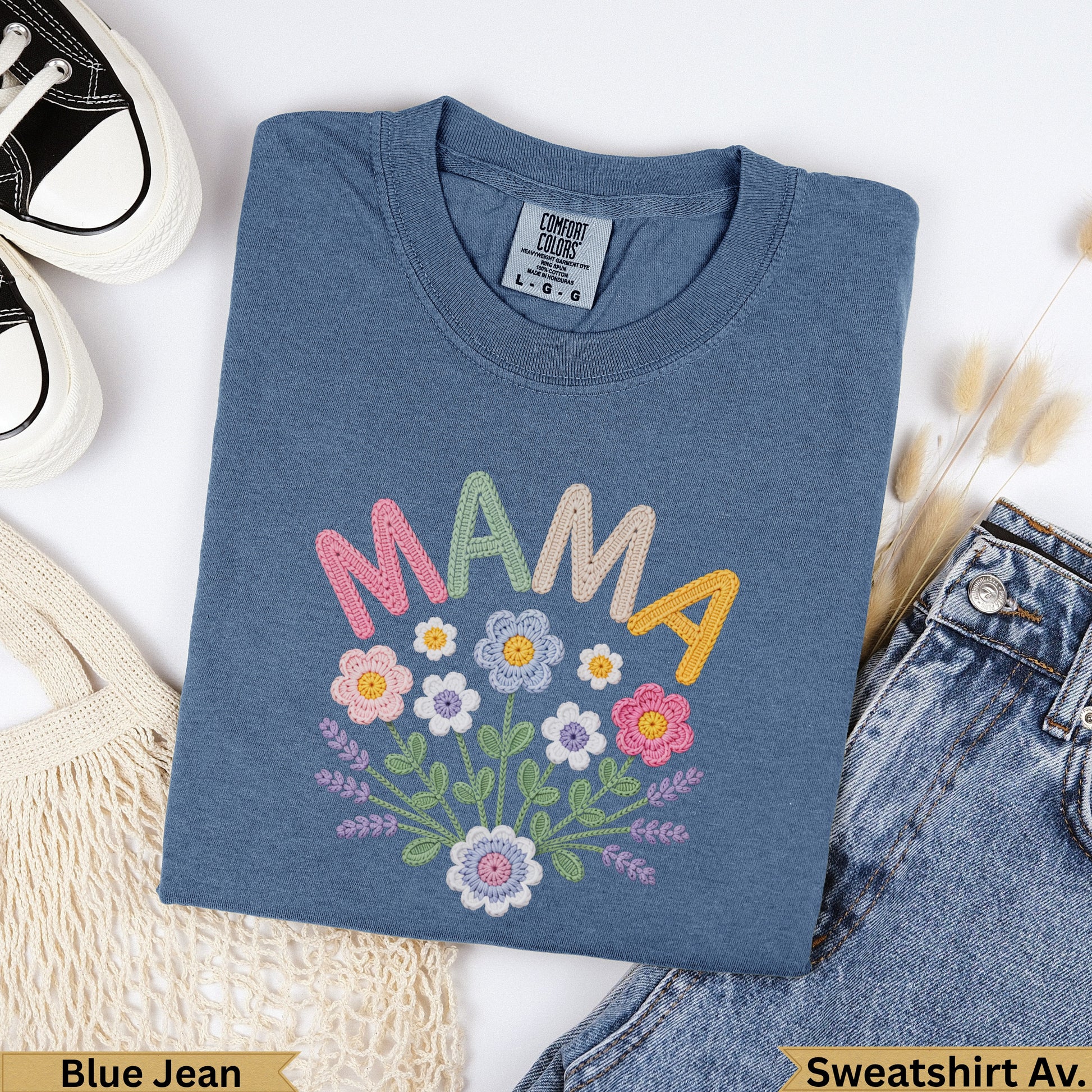 Blue Jean Comfort Colors sweatshirt with "MAMA" and floral embroidery.