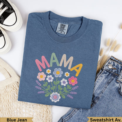 Blue Jean Comfort Colors sweatshirt with "MAMA" and floral embroidery.