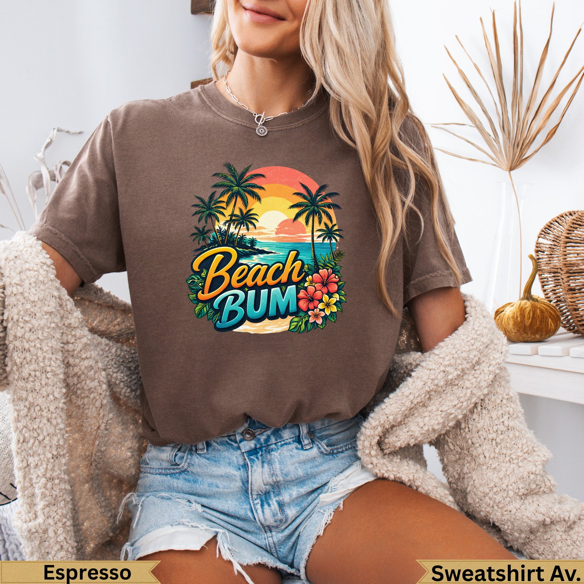 Brown t-shirt with "Beach Bum" text and tropical sunset graphic.