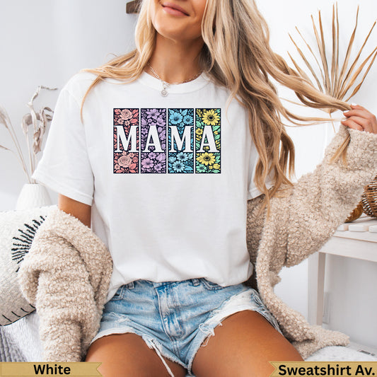 White t-shirt with "MAMA" in floral patterned squares.