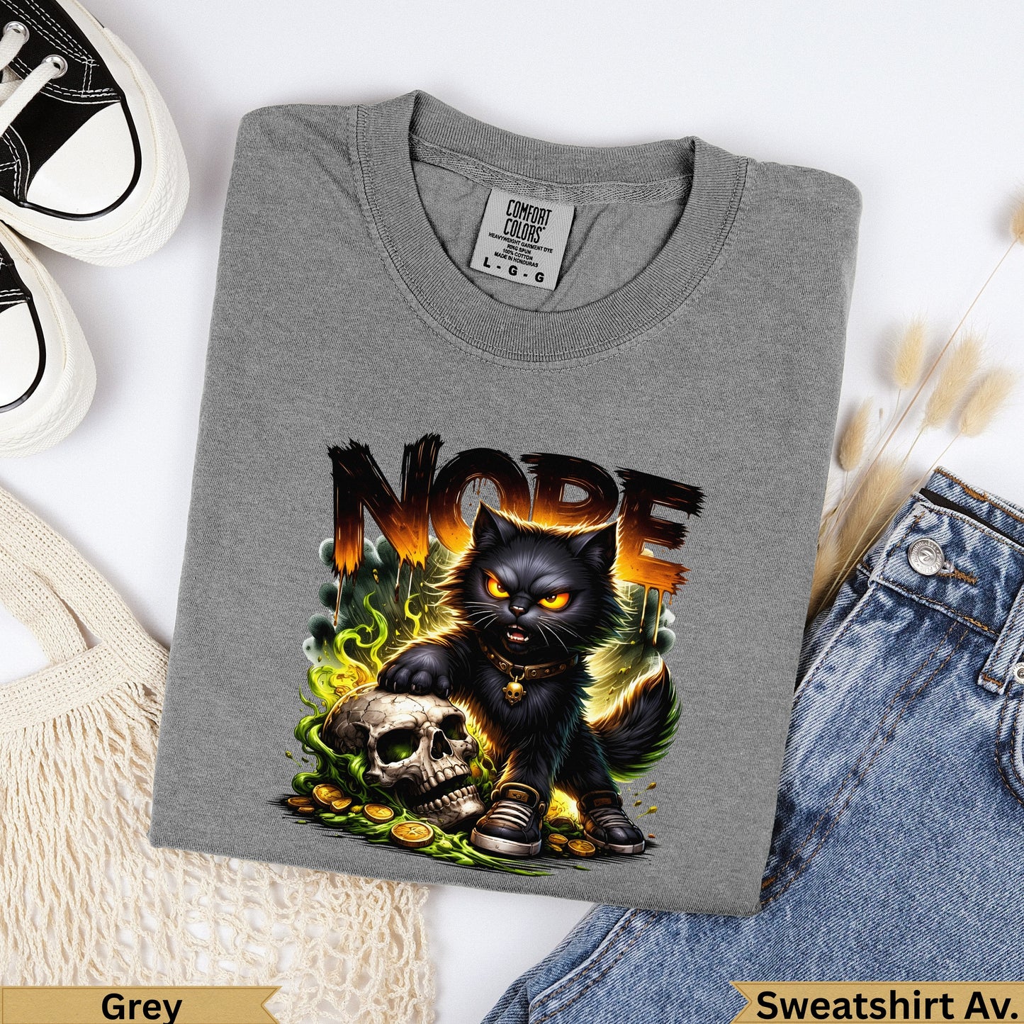 Grey Comfort Colors t-shirt with black cat and "NOPE" text.