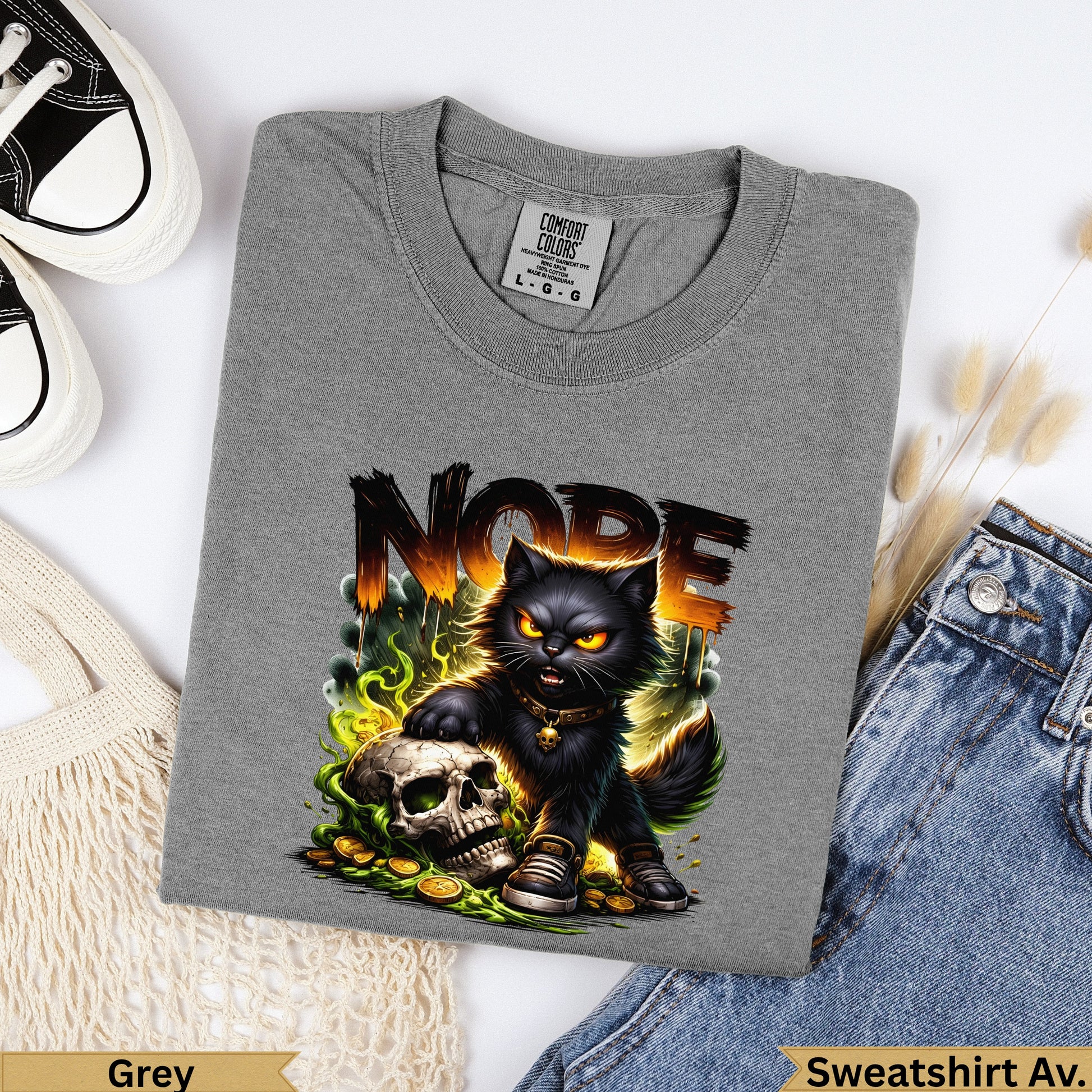 Grey Comfort Colors t-shirt with black cat and "NOPE" text.