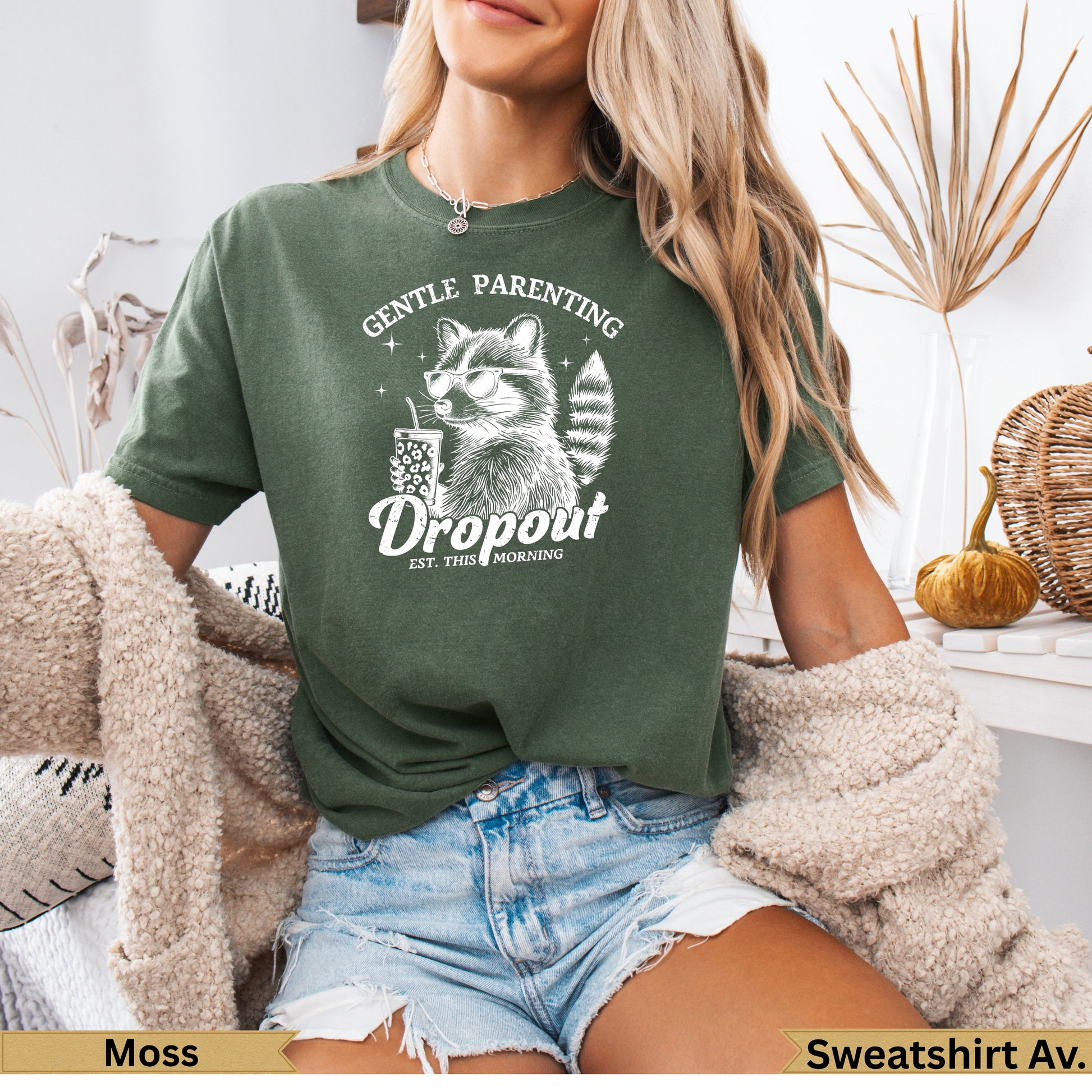 Green t-shirt with "Gentle Parenting Dropout" graphic and iced coffee illustration.