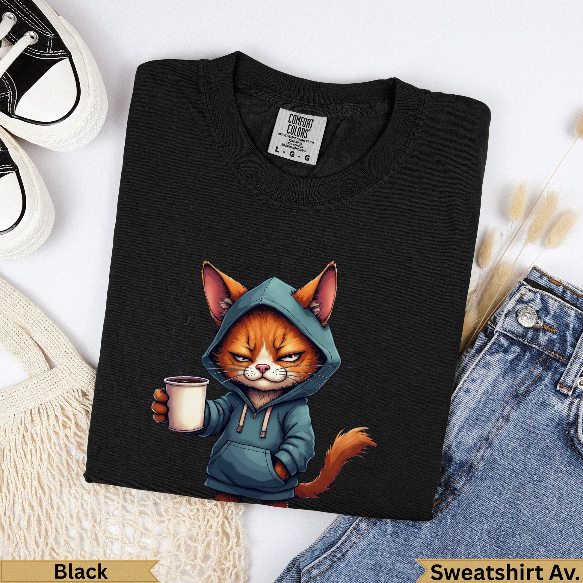 Black hooded sweatshirt featuring a cartoon cat holding a coffee mug.