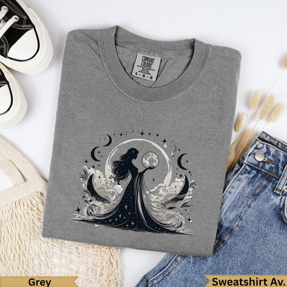 Grey Comfort Colors sweatshirt with a celestial woman design.