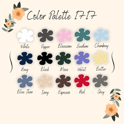 Color palette 1717 with swatches of white, navy, blue jean, black, moss, violet, butter, ivory, espresso, red, and grey.