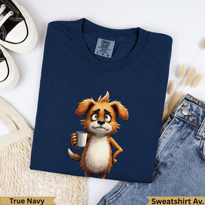 Navy crewneck sweatshirt with cartoon dog holding a mug, "True Navy" and "Sweatshirt Av." text.