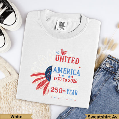 T-shirt with "United States of America" and "250th Year" text.