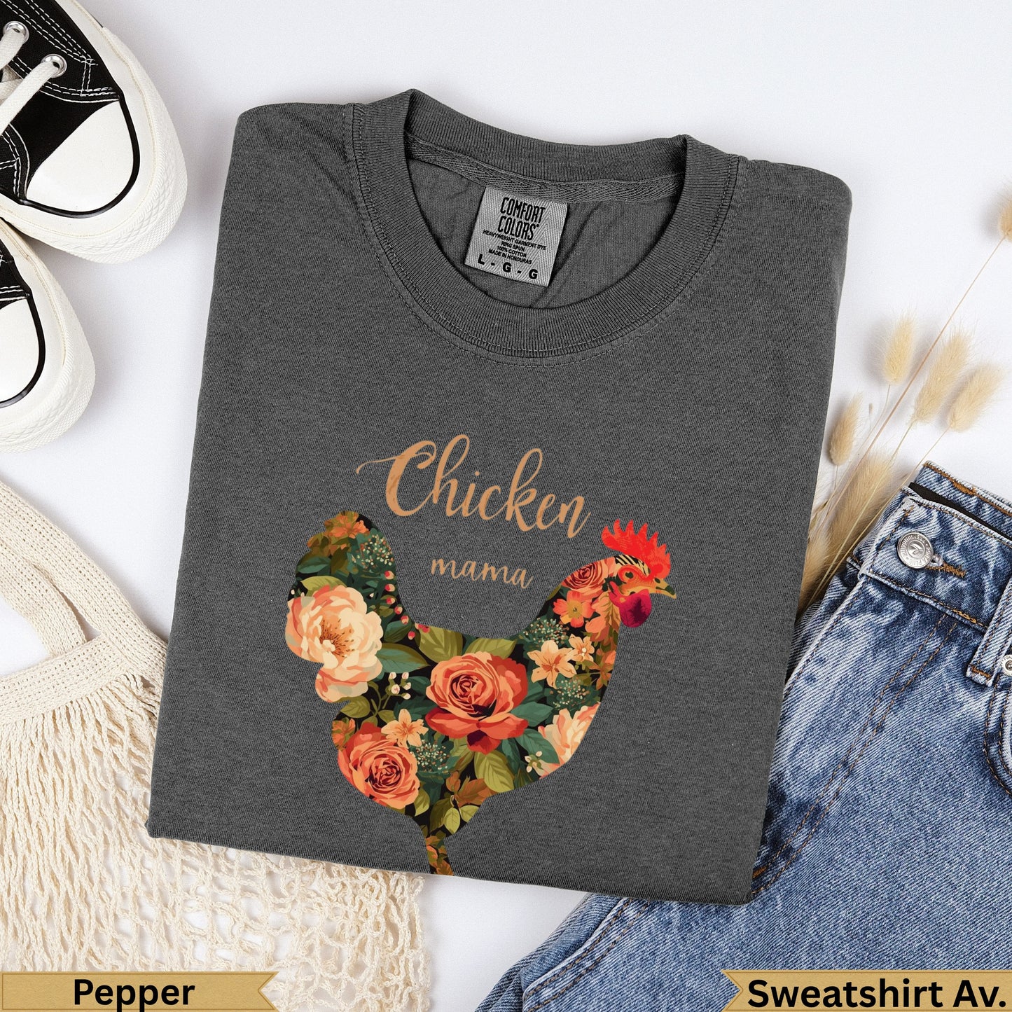 Charcoal t-shirt with "Chicken mama" text and floral chicken graphic.