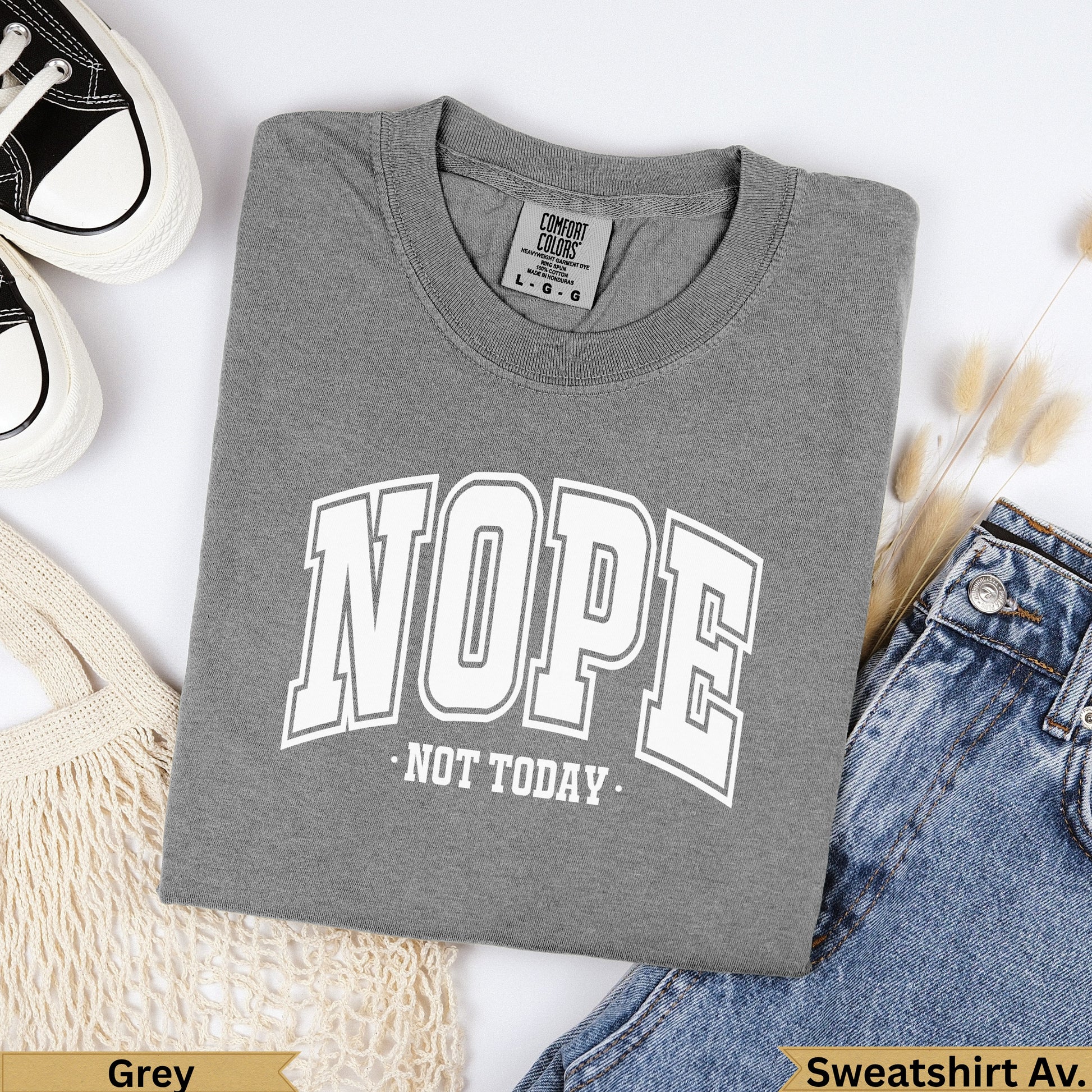 Grey Comfort Colors sweatshirt with "NOPE NOT TODAY" text.