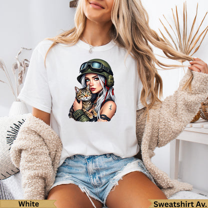 Woman in military helmet holding a cat, white t-shirt.