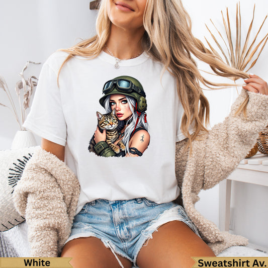 Woman in military helmet holding a cat, white t-shirt.