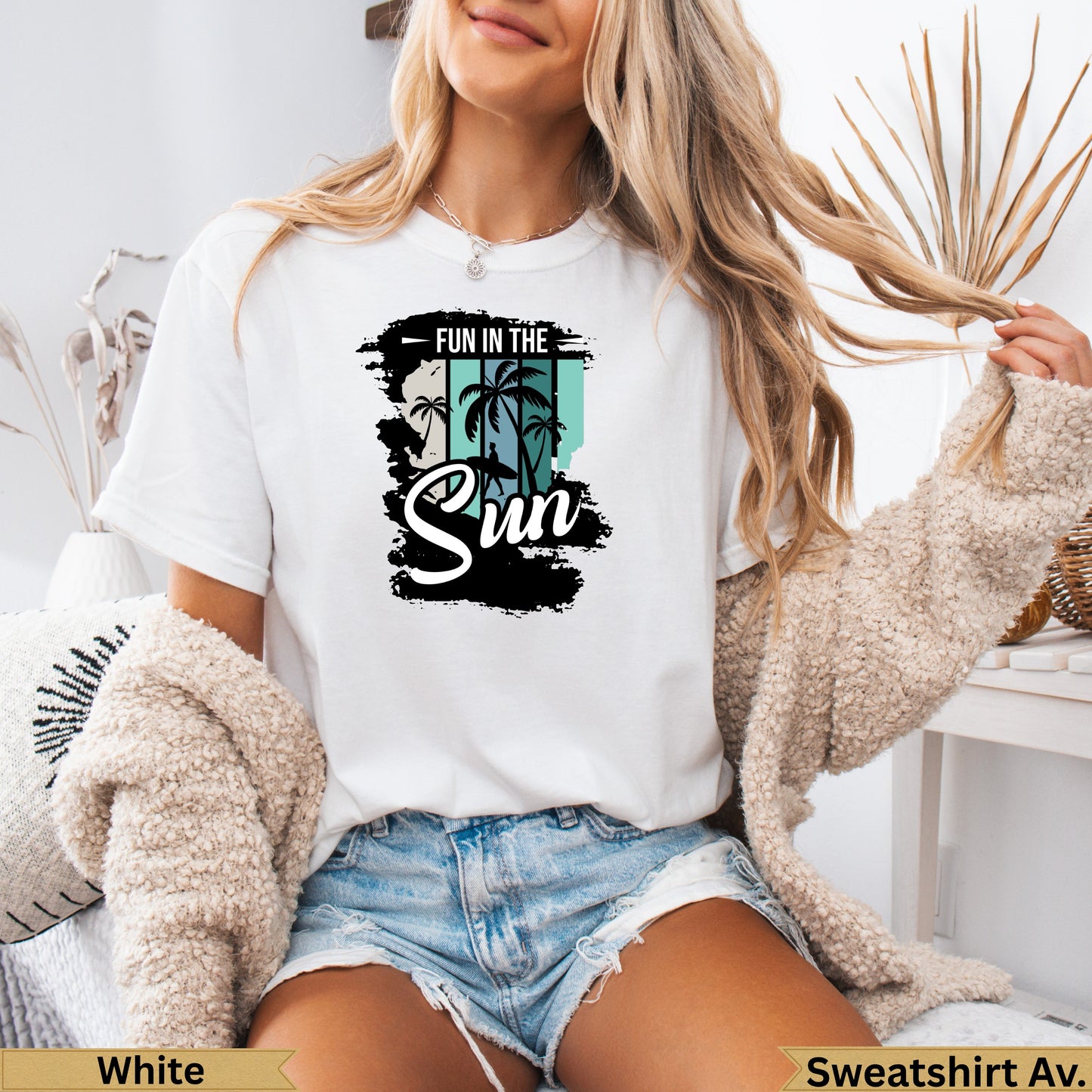 White t-shirt with "FUN IN THE SUN" text and palm trees.