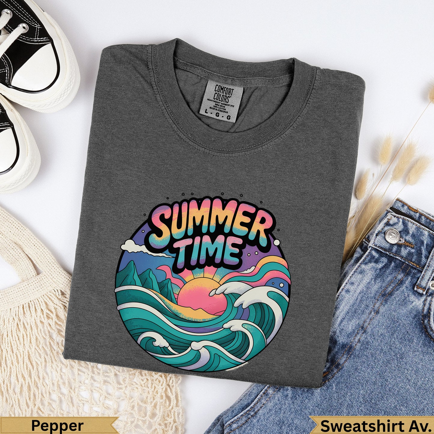 Dark gray t-shirt with "SUMMER TIME" text and wavy ocean graphic.