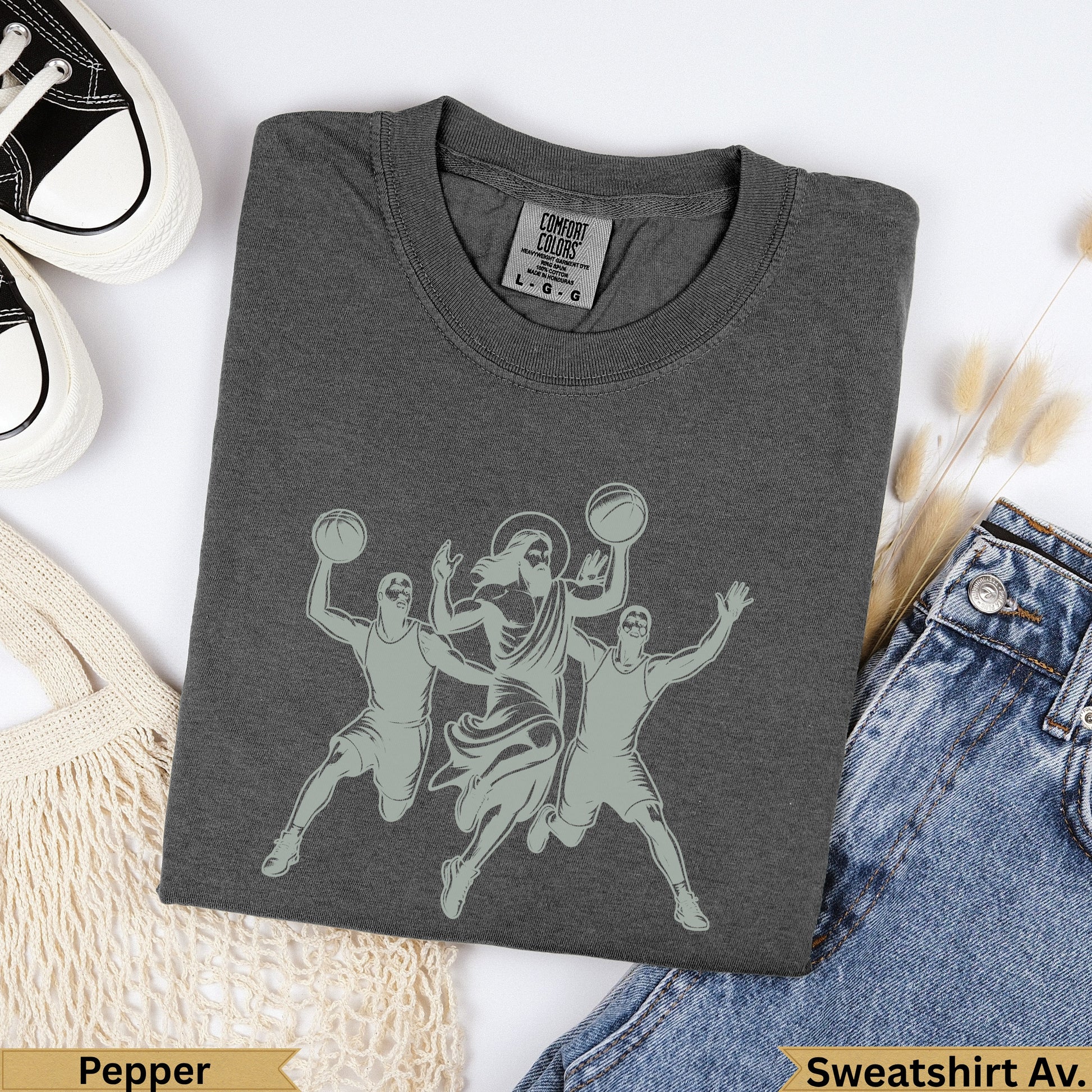 Dark grey t-shirt with Jesus playing basketball, labeled "Pepper".