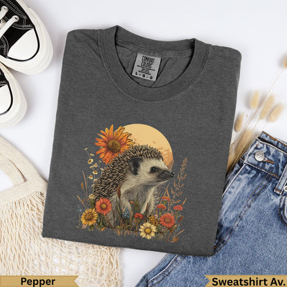 Charcoal t-shirt with hedgehog and floral design, "Pepper" and "Sweatshirt Av." text.