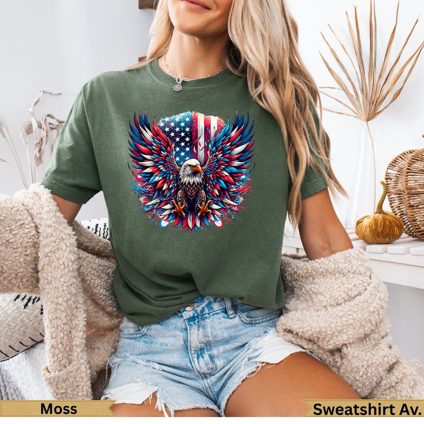 Green t-shirt with an eagle and American flag wings graphic.