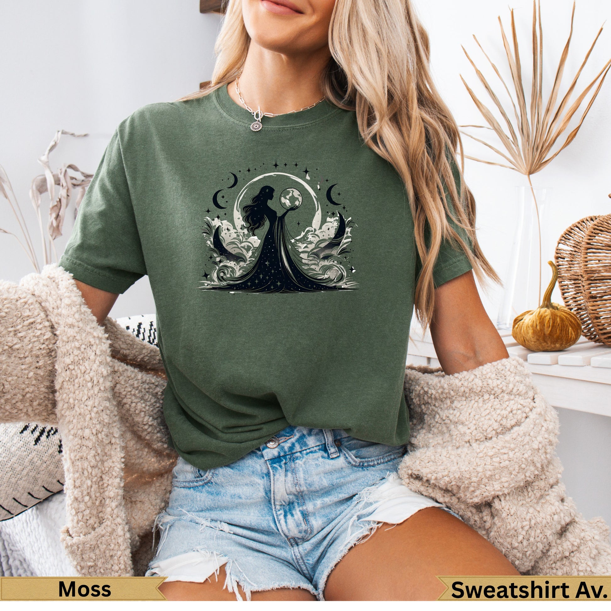 Olive green t-shirt with celestial moon goddess design.
