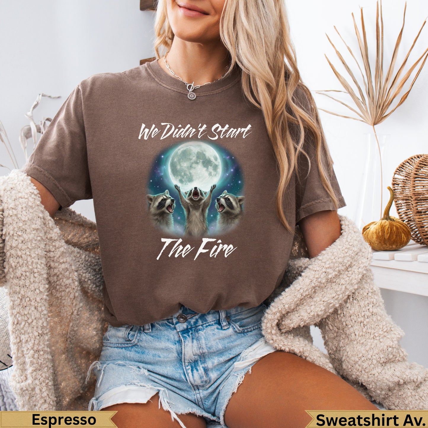 Brown t-shirt with raccoons and text "We Didn't Start The Fire".