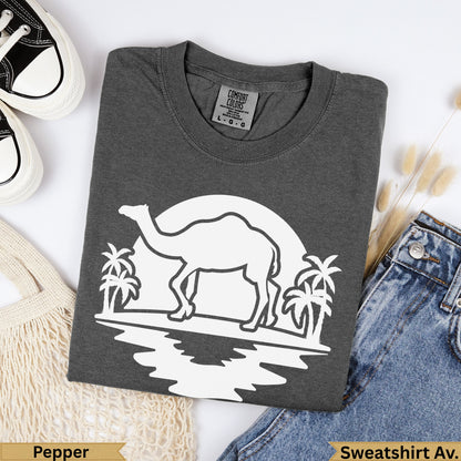 Charcoal gray Comfort Colors sweatshirt with camel and palm tree graphic.