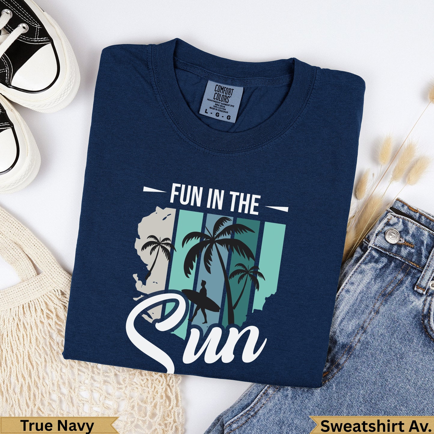 Navy Comfort Colors sweatshirt with "FUN IN THE Sun" graphic.
