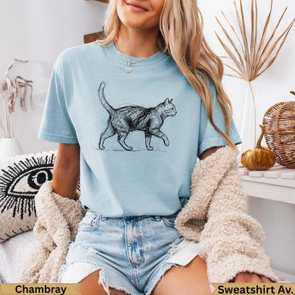 Light blue t-shirt with a black line drawing of a walking cat.
