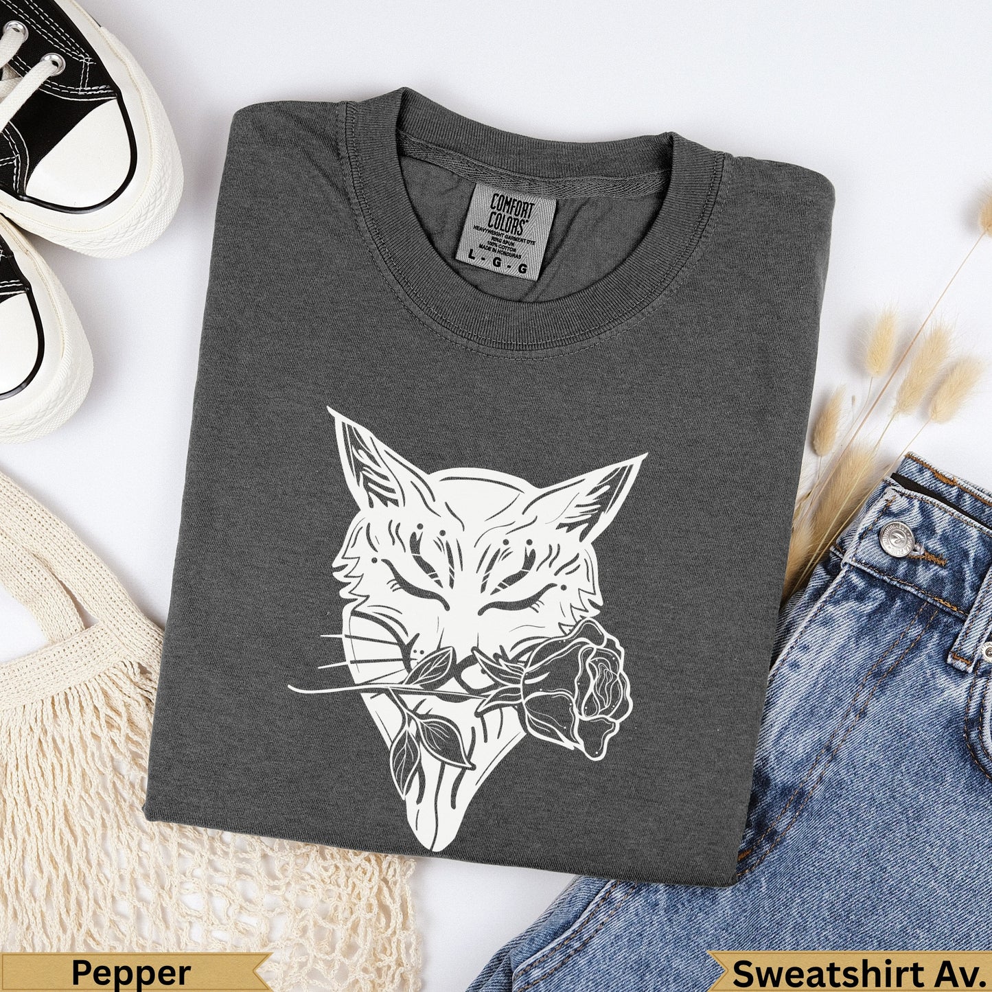 Dark gray Comfort Colors sweatshirt with white cat face and rose design.