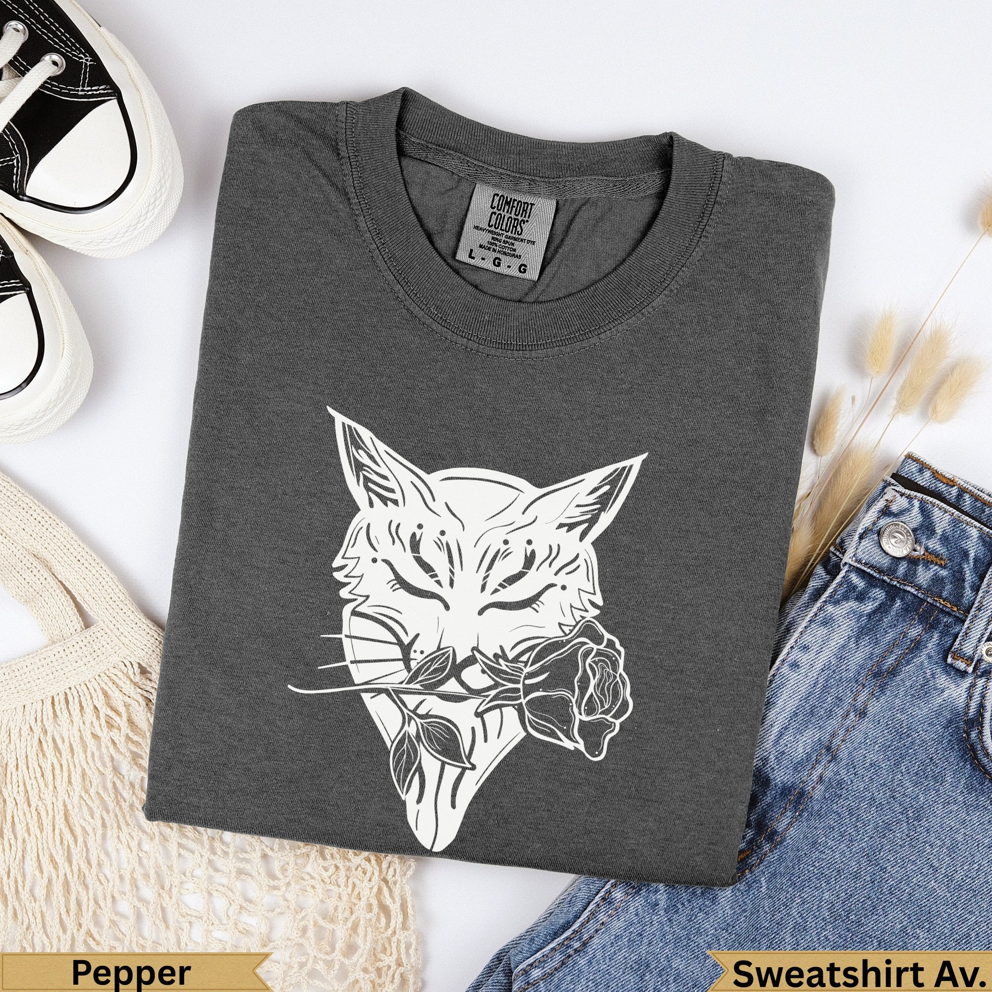 Dark gray Comfort Colors sweatshirt with white cat face and rose design.