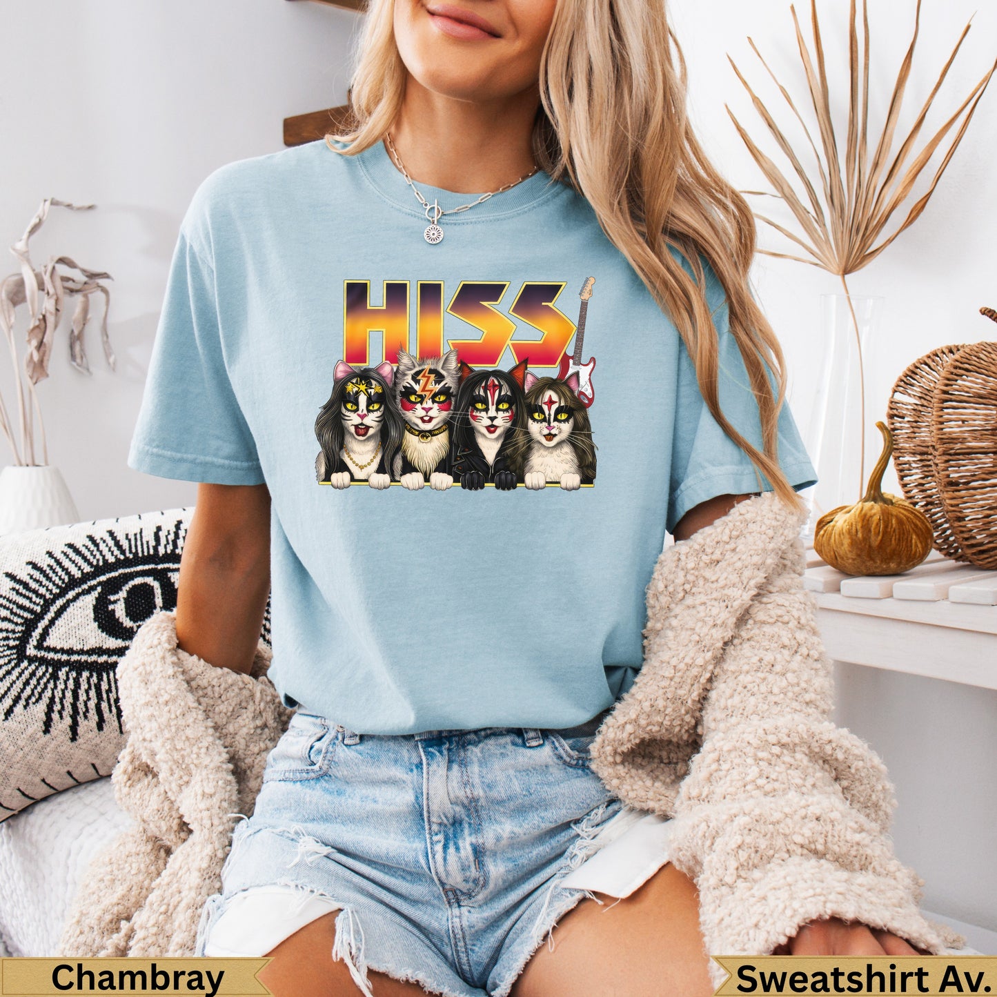 Light blue t-shirt with "HISS" logo and four cats dressed as the band KISS.